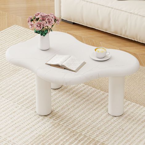 Mesa de centro con forma de nube para salón, efecto mármol, bordes redondeados, patas estables, tablero de partículas blanco