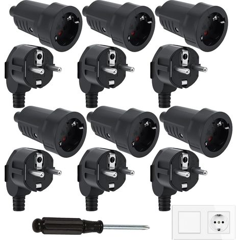 Lot de 12 Connecteurs Schuko, Kit Schuko Fiche + Prise Femelle 250V(16A), Ignifuge IP20, Prise d'alimentation, Jeu de Contacts de Protection, Fiche Europe Coudée pour Câble 8 mm (1/5)