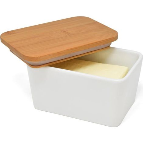Ecleanfy - Beurrier Ceramique Avec un Couvercle,beurrier 500g avec couvercle en bambou,Joint en silicone amovible,garde le beurre frais et