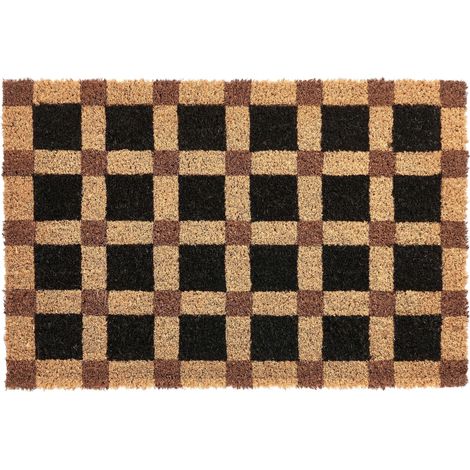 Doormat Beige and Black Coir with Anti-Slip Bottom 60 x 90 cm Anti Slip Decoration Checked Pattern Welcome Mat VILLASIS (1/5)
