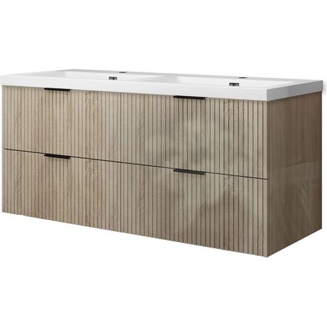 OCEAN Meuble salle de Bain Suspendu Chêne Haute Brillance - Design Moderne à 4 Tiroirs et Vasque, 120x44.5x52cm