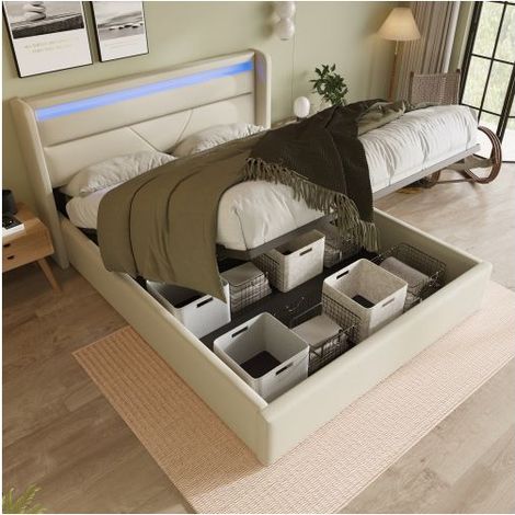 Lit coffre - SOGEU - 160x200 - LED intégrée - Revêtement PU blanc - Sommier à lattes inclus (1/5)