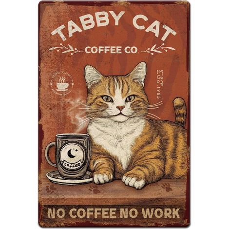1 plaque en métal vintage 20 x 30 cm - Motif chat tigré - Aspect rouille - No Coffee No Work - Pour café, bar, pub, maison, bureau, cuisine, magasin - Décoration murale (1/5)