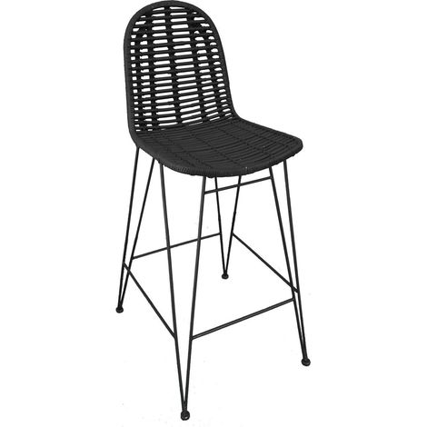 Tabouret de Bar en Rotin et Métal Noir Chaise Haute avec Repose-Pieds Assise 75 cm - PANGIVO (1/5)