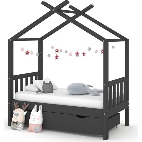 Lit cabane-70 x 140 cm, Cadre de lit d'enfant avec un tiroir Gris foncé Pin PDKEI55879 (1/5)