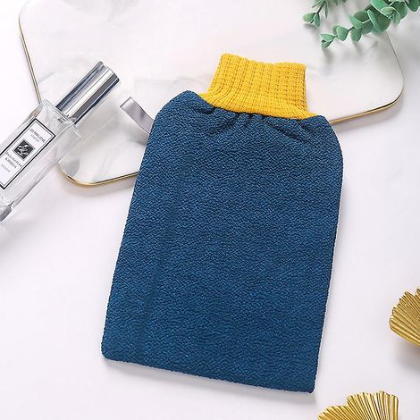Gants de bain exfoliants, gommage en profondeur, élimination des peaux mortes (bleus) (1/4)