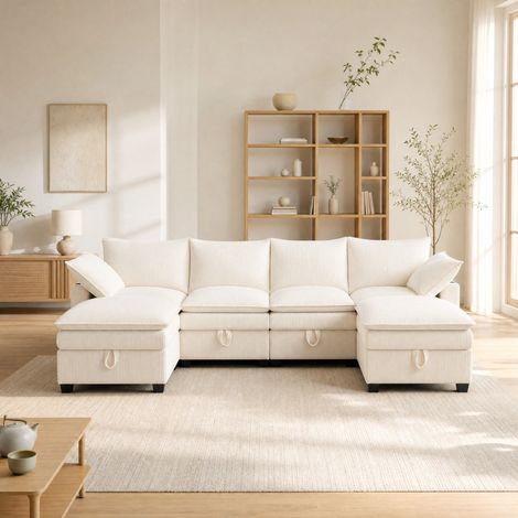 Sofá esquinero modular de pana beige, 280 x 152 x 83 cm HAVRYA (1/5)