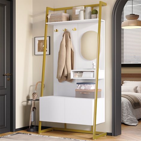 Moderne Garderobe 78 x 38 x 180 cm – Multifunktionaler Kleiderständer mit Spiegel, Metallhaken und Aufbewahrungsbank – Weiß (1/5)