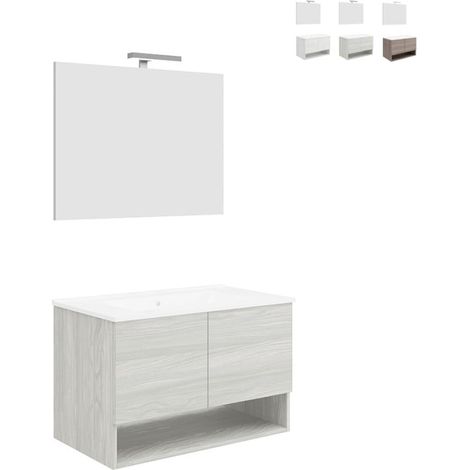 Mueble baño de diseño suspendido con puertas lavabo 80cm y espejo luz led Oslo 80 - Gris