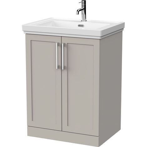 Stonnall Traditional Floor Standing 2 Door Vanity Unit with Traditional 1 Tap Hole Fireclay Basin, 600mm, Pebble Grey (1/4)