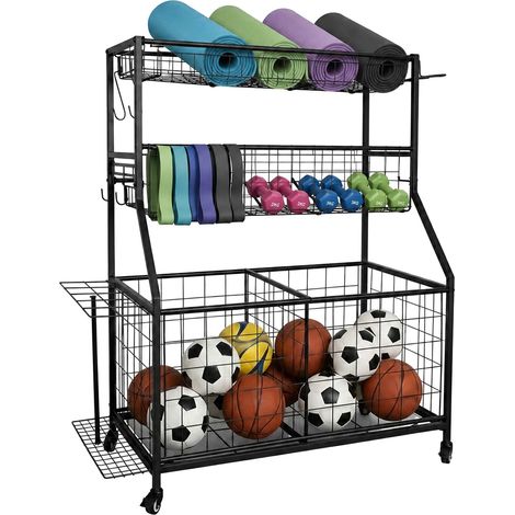 Relaxdays - Carrello porta attrezzi sportivi, AxLxP: 116 x 91,5 x 43 cm, 4 ruote con freno, metallo, portapalloni, nero (1/5)