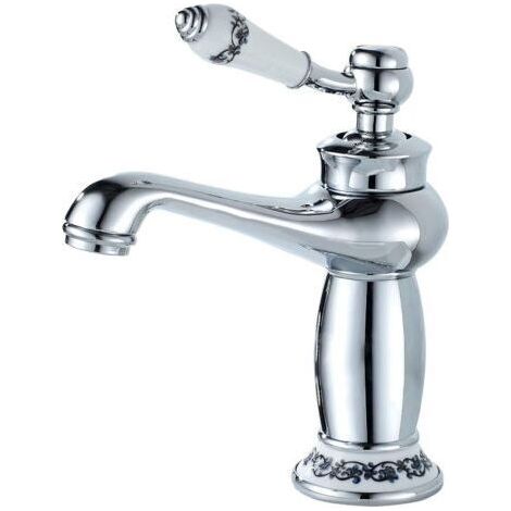 Robinet Salle Bain Monocommande Mitigeur Lavabo Décoration Florale en Céramique Robinet Lavabo Salle de Bain, Chromé