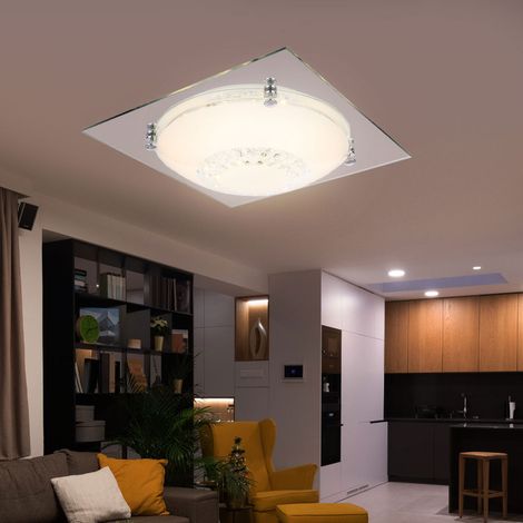 Lampada da soffitto plafoniera soggiorno lampada camera da letto luce, cristalli di vetro cristallo trasparente cromato a specchio, LED 12W 960Lm bianco neutro, LxPxH 31,5x31,5x8,5 cm
