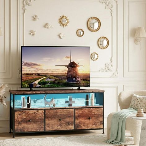 Meuble TV 108 cm - avec 3 tiroirs en tissu marron, Meuble TV moderne avec éclairage LED, structure en fer, pieds réglables en hauteur, Meuble TV de rangement Moderne - Marron (1/5)