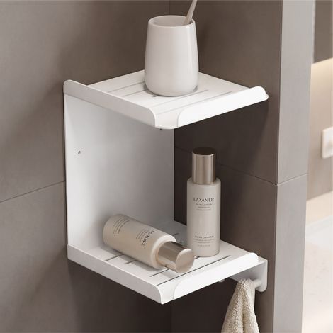doporro Duschablage ohne Bohren, Duschregal mit 2 Etagen und 3 Haken, Badregal als Wandregal aus Metall, Badezimmer Organizer zum Kleben oder Bohren, Wandregal Weiß, Reglo-14