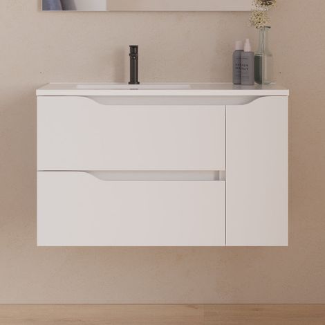 Meuble sous vasque seul, 2 tiroirs et 1 porte, 80cm, pour vasque déportée gauche - blanc mat - ZARZA