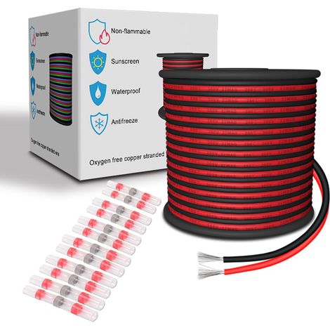 Fil Electrique en Silicone 22 AWG Rouge/Noir 30,48 Mètres/Couleur 0,33 mm² 2 Cordons 22/2 Câble de Raccordement Flexible en Cuivre Etamé Toronné (1/5)