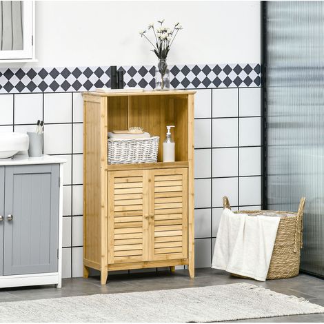 Armoire de salle de bain en bambou naturel 50 x 25,5 x 92 cm avec 3 niveaux et portes persiennes (1/5)