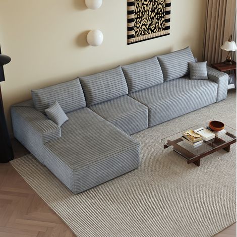 Canapé d’angle modulaire sans montage 340 cm en tissu gris, avec méridienne (1/5)