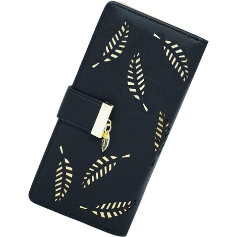 Portefeuille long zippé en cuir avec feuilles découpées (noir), (1/5)