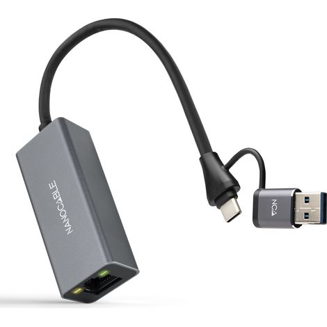 Nanocable Conversor USB-C+USB-A/M 3.0 a Ethernet, Aluminio, Gris, 15 cm