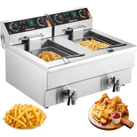 VEVOR Friteuse Electrique Commerciale 6000 W, Friteuse a Huile de Comptoir, en Acier Inoxydable, Grande Capacite de 2x11 L, avec Double Panier Amovible, pour Poulet Frit Snack-Bars Cuisine, Argente