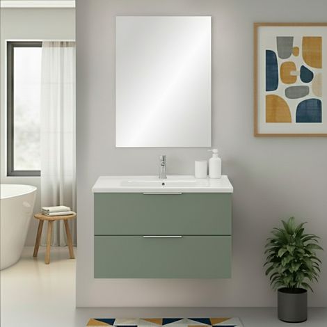 Mobile bagno sospeso 80cm verde opaco con cassetti lavabo e specchio Elva (1/5)