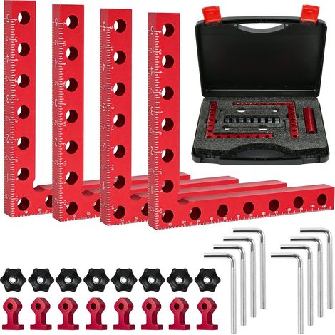Juego de 4 soportes de posicionamiento de 90°, bloques de sujeción de aluminio de 14 x 14 cm con estuche de almacenamiento, herramientas profesionales para carpintería, ideales para el montaje de marc (1/5)