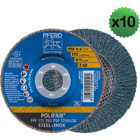 Lot de 10 Disques à lamelles PSF Z plat PFERD - Ø mm: 115 - Ep. mm: 15 - Grain: 40 (1/5)