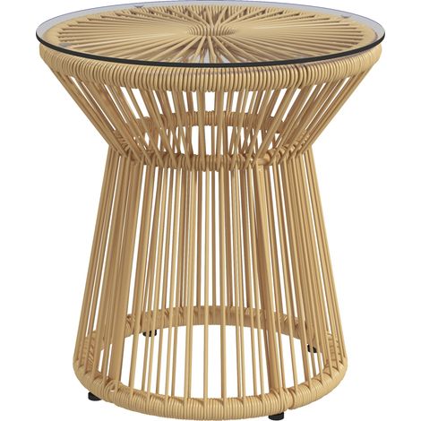 Beistelltisch für den Außenbereich aus PE-Rattan, Glasplatte, Gartentisch 40x40x42 cm beige