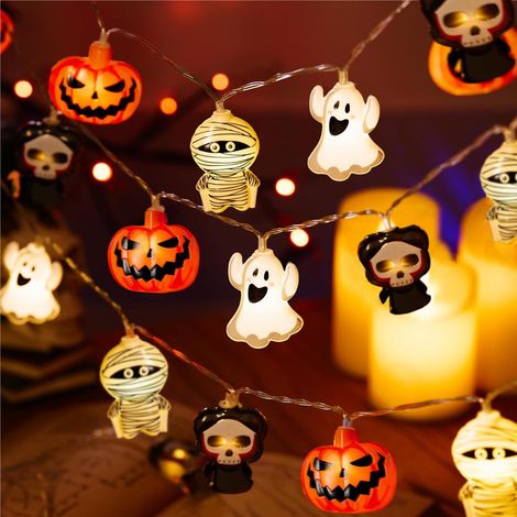 Guirlande lumineuse décorative citrouille, fantômes, Halloween, 3 m, 20 fantômes, momies, squelettes, citrouilles. Convient pour les fêtes d'Halloween, décoration de fête d'horreur (1/5)