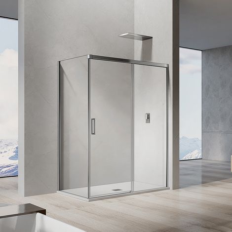 Grand Verre – Cabine de douche 140x90 cm avec porte coulissante – Verre transparent 8 mm traité anticalcaire – Profilés en aluminium chromé – Montage réversible (1/5)