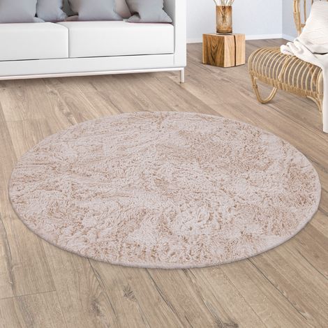 Paco Home Hochflor Teppich Wohnzimmer Fellteppich Kunstfell Shaggy Flauschig Beige Creme 160 cm Rund
