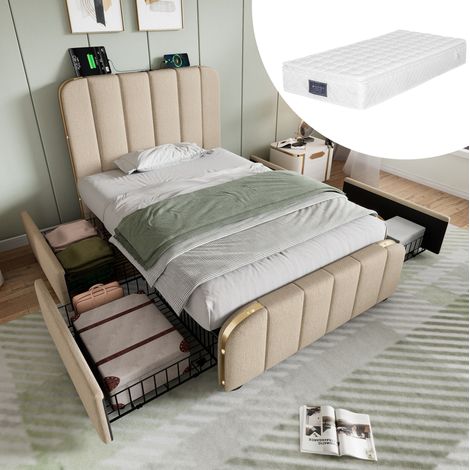 Lit simple en lin beige 90x200 cm avec matelas, 4 tiroirs, ports USB et USB-C, sommier à lattes inclus (1/5)
