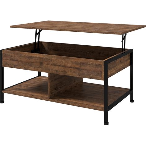 Mesa de centro elevable, mesa de salón con compartimento oculto, 2 estantes inferiores, 100 x 80 x 60 cm, marrón rústico y negro.