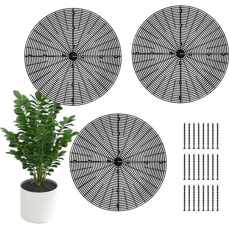 Set aus 3 schwarzen Pflanzgittern, 30 cm Pflanzgefäß-Untersetzer, Kunststoff-Pflanzgefäßabdeckung mit Erdspießen, Pflanzenschutzgitter für Kinder und Haustiere.
