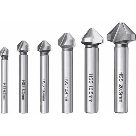 6 fraises à chanfreiner HSS 6542 à 90°, forets hélicoïdaux, outil d'ébavurage cylindrique pour bois, métal, PVC, machines-outils, diamètres : 6,3/8,3/10,4/12,4/16,5/20,5 mm (1/5)