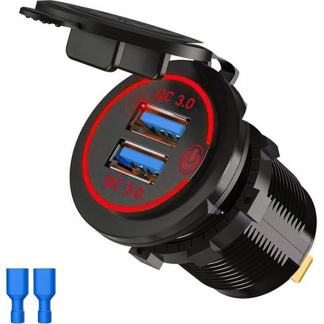 Chargeur USB de voiture Double port QC 3.0 Anneau LED rouge Gaines de câble bleues (1/4)