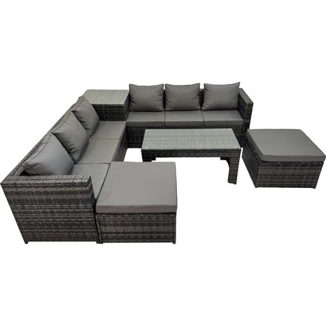 Fimous Garden Rattan Outdoor Furniture Set 8 Seater Patio Corner Sofa Oblong Coffee Table with 2 Big Stool Side Table Dark Grey (1/5)