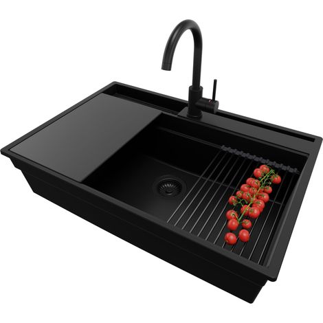 PRIMAGRAN Evier Cuisine en Granit 78x53cm, Lavabo 1 bac + Kit de Vidage + Accessoire, Évier à Encastrer au meuble 80cm - Oslo Pocket, Tout Noir (1/5)