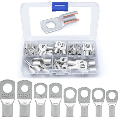 60 Pcs Cosses Électrique Trou boulon en Cuivre Étamé Connecteurs SC à sertir/souder pour câble de 6m㎡ 8m㎡ 10m㎡ 16m㎡ 25m㎡ (1/5)