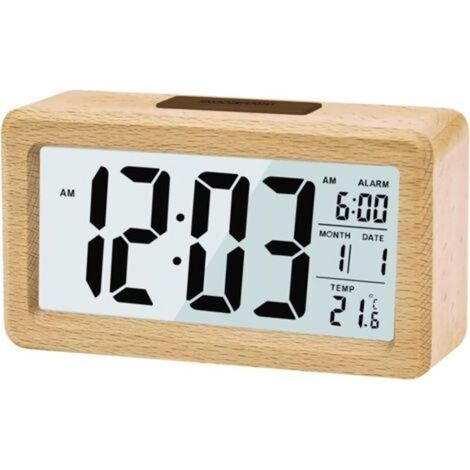 Pr Wooden Digital Alarm Clock, LCD Alarm Clock Non-Ticking Digital Clock with Date Display, Temperature, Snooze Function, Digital Clock for Bedroom, Bedside, Home, Office (1/5)