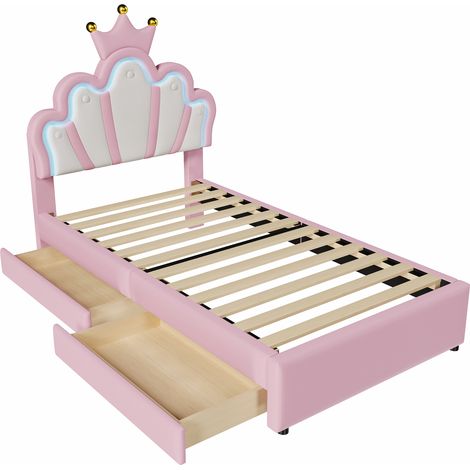 Letto cabina principessa 90 x 200 cm in PU rosa con LED 16 colori e 2 cassetti (1/5)