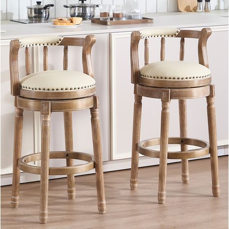 Taburete de bar giratorio 360° de madera y piel genuina blanco marfil, altura de asiento 75 cm (1/5)
