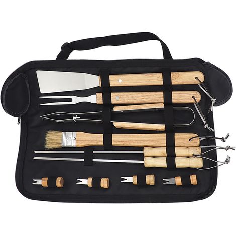 Lot de 10 ustensiles de barbecue en acier inoxydable avec manche en bois pour grillades en plein air (1/5)