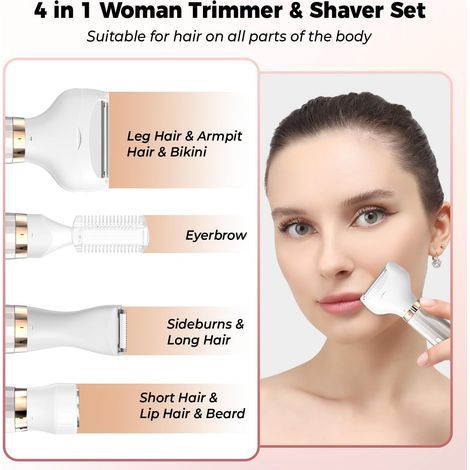 Rasoir 4 en 1 pour femme avec indicateur de batterie LED, épilateur visage, rasoir électrique pour le corps, les jambes et le maillot, étanche IPX6 et rechargeable, utilisable sur peau sèche ou humide (1/5)