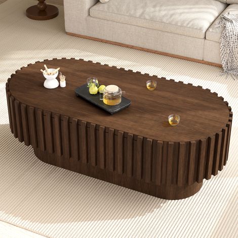Table basse 100 x 50 x 35,5 cm, tiroir, façades rainurées, table intégrée, meuble gain de place, design moderne et fonctionnel, Noyer (1/5)