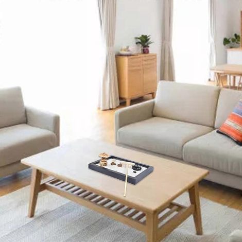Jardin zen japonais pour bureau : grand plateau de 15 x 10 cm, sable blanc, galets, râteau et accessoires. (1/4)
