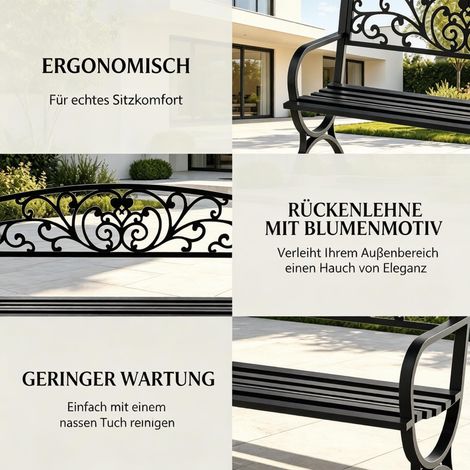 Banc de jardin élégant avec dossier décoratif, assise extérieure raffinée en métal, banc seul pour terrasse ou patio, mobilier de plein air robuste et stylé. (1/5)