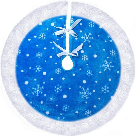 Tapis de sapin de Noël moelleux et duveteux, petit tapis de sapin de Noël avec flocons de neige blancs et décorations de Noël bleues (1/5)